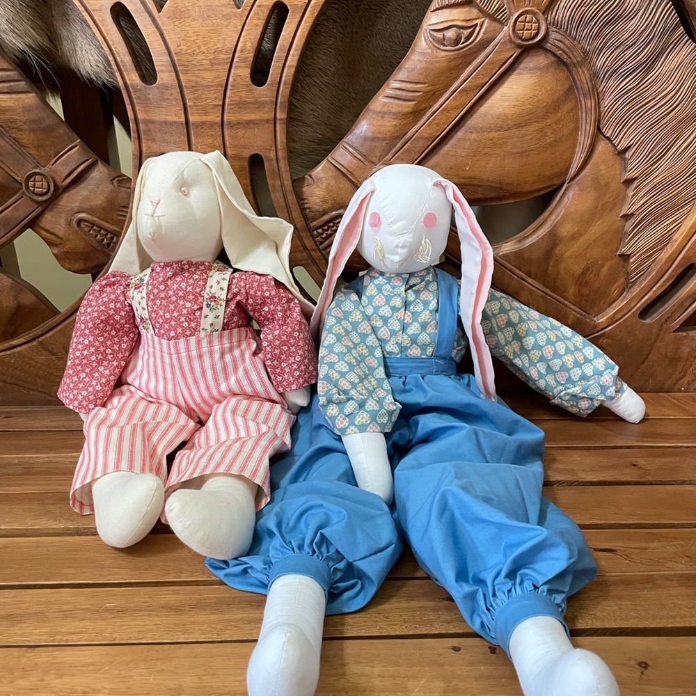 VTG Bundle of 2  Handmade Floppy Ear Primitive Folk Art Bunny Rabbit Muslin Doll